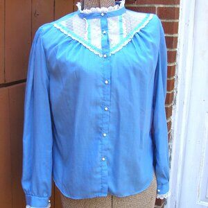 Vintage 1970/80s Blue High Collar Lace Pearl Button Front Blouse Prairie Cottage